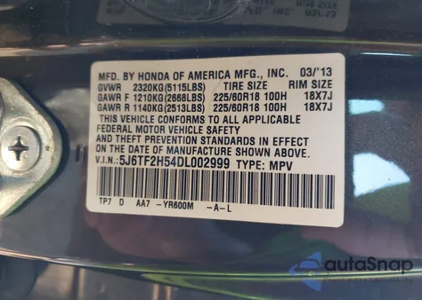 2013 Honda Crosstour Ex-L V6 from USA, damaged, VIN 5J6TF2H54DL002999
